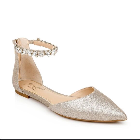 Jewel Badgley Mischka Cassidy Flat Pointed Toe Jewel Ankle 5.5 Champagne NWOB - Picture 1 of 9